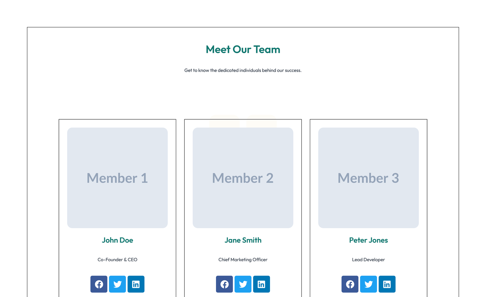 Team with 3-column Team Cards with Social - Elementor component