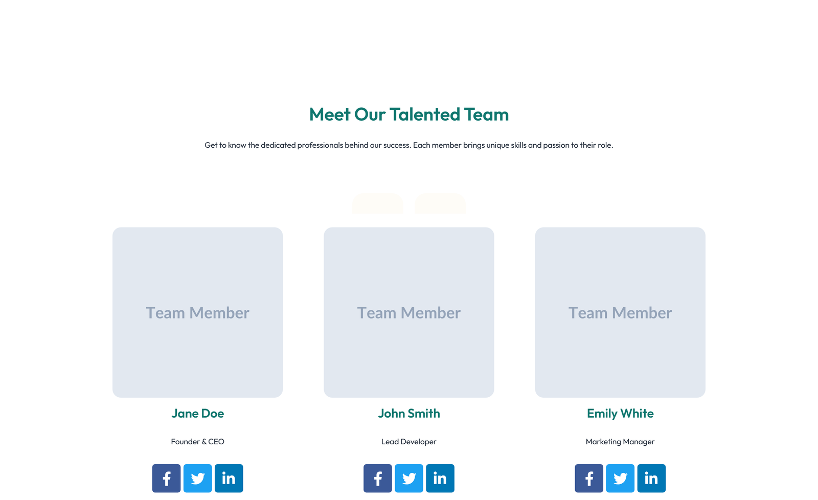 Team with 3-column Team Cards with Social 25 - Elementor component