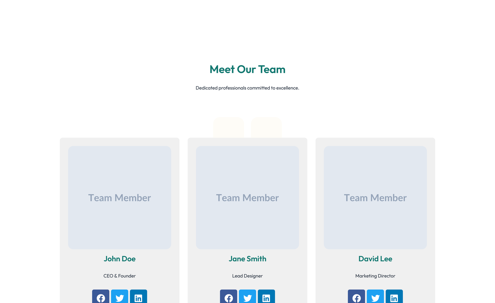 Team with 3-column Team Cards with Social 34 - Elementor component