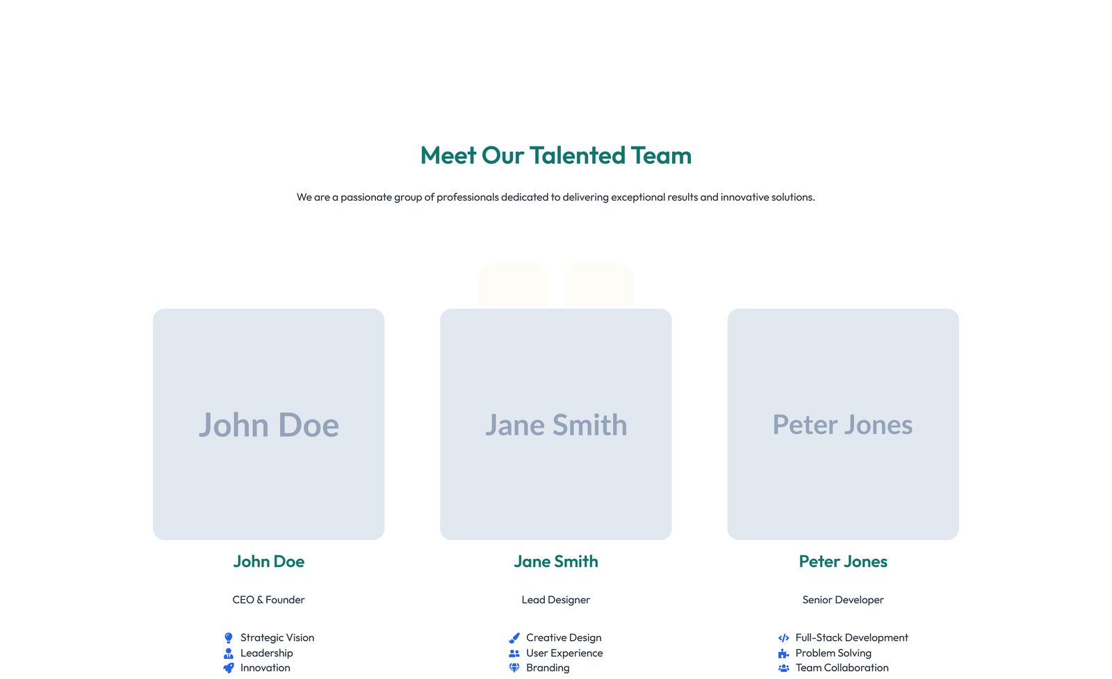 Team with 3-column Team Cards with Social 39 - Elementor component