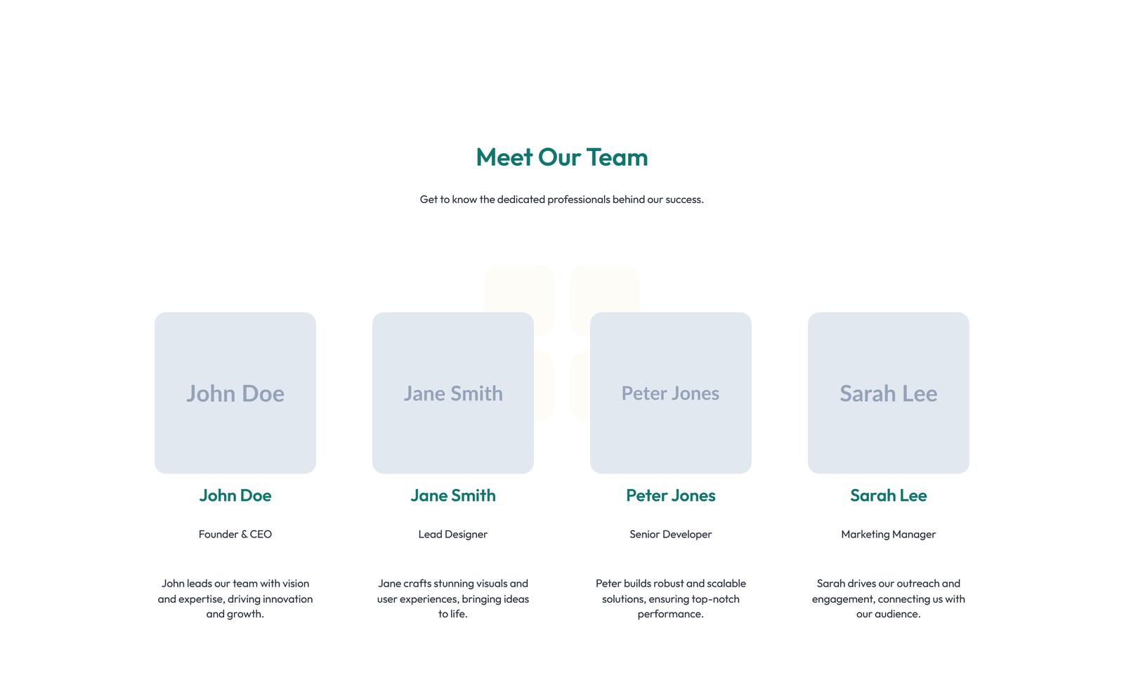 Team with 4-column Team Cards 67 - Elementor component