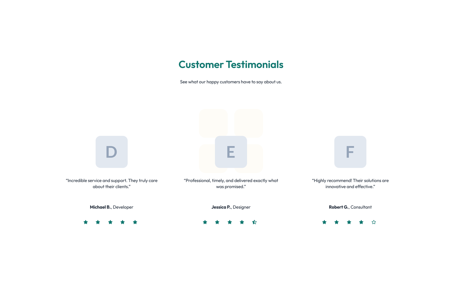 Screenshot of Testimonial with 3-column Rating, Quote Cards 12 - Elementor Testimonial Sections component