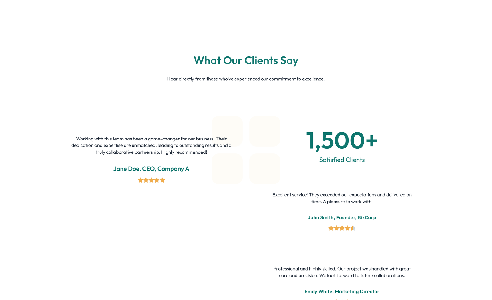 Screenshot of Testimonial with 3-column Rating, Quote Cards 59 - Elementor Testimonial Sections component